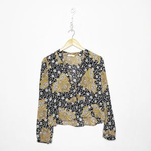 A.L.C. LOX SILK PRINTED TOP floral black long sleeve boho keyhole WOMENS 4